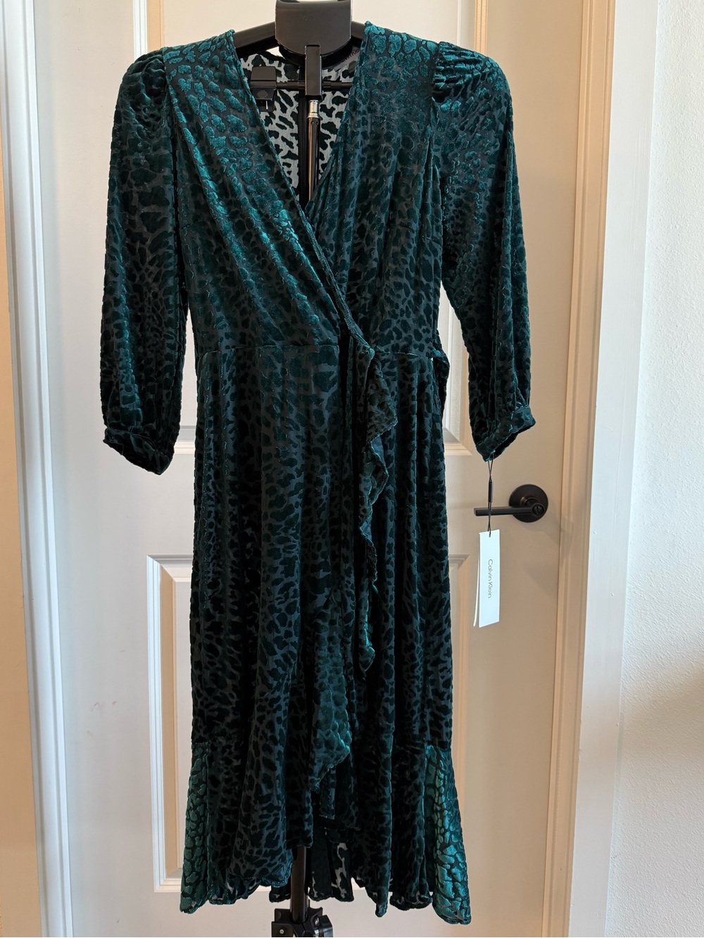 Calvin Klein Emerald Green Velvet Wrap Dress with Subtle Animal Texture